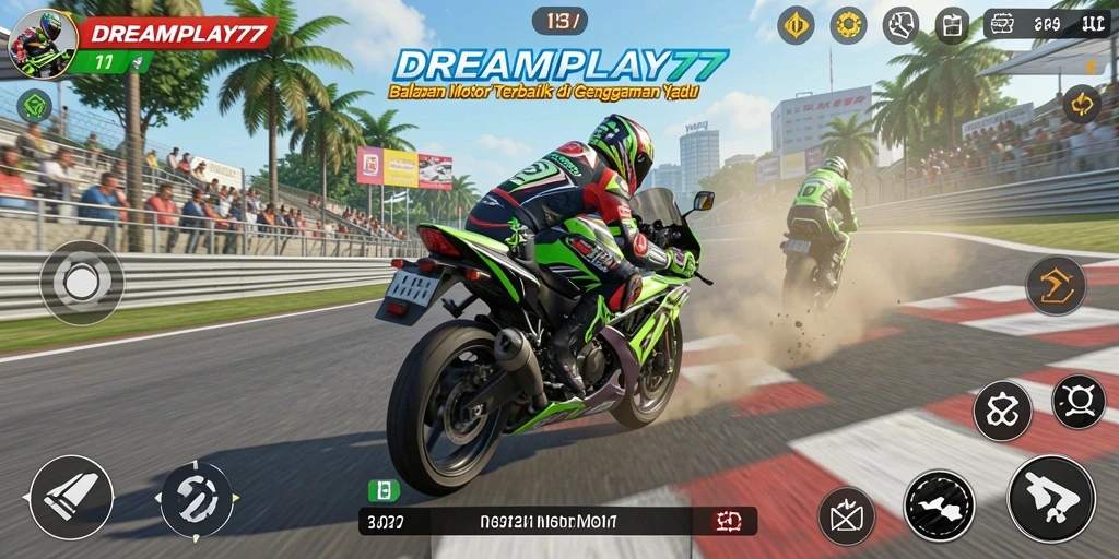 Tampilan gameplay seru di DREAMPLAY77 dengan balapan motor yang mendebarkan.