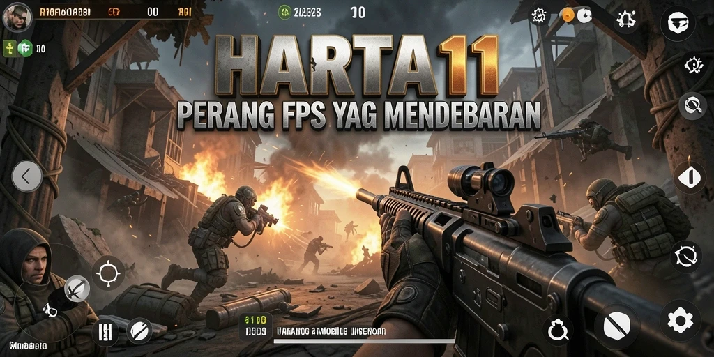 Screenshot aksi gameplay intens HARTA11 dalam pertempuran FPS.
