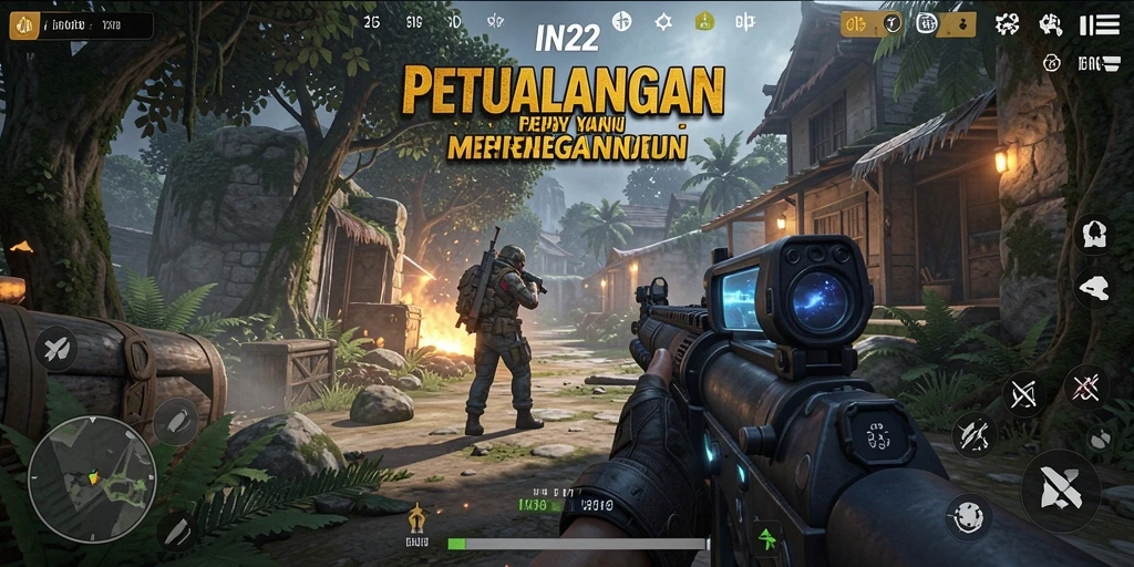 Tangkapan layar dari gameplay menegangkan IN22 dengan aksi tembak-menembak.