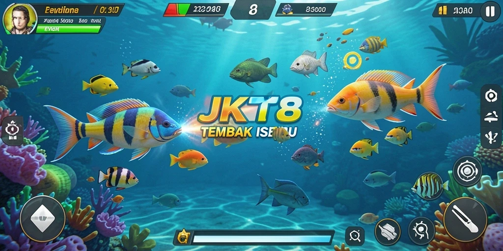 Tampilan gameplay seru JKT8 saat menangkap ikan.