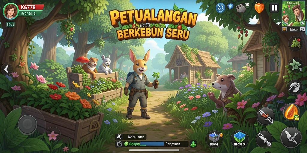 Screenshot gameplay KG778 menunjukkan kebun yang indah dan berwarna.