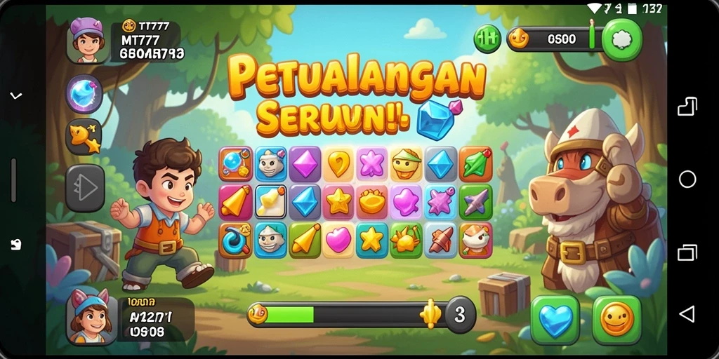 Tangkapan layar gameplay MT777 menampilkan momen mencocokkan permata yang seru.