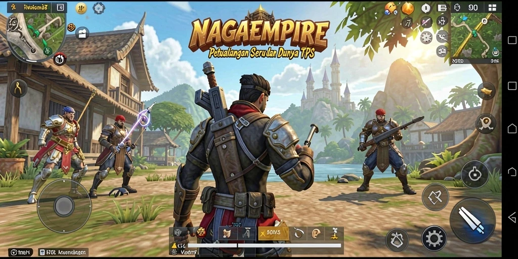 Screenshot gameplay NAGAEMPIRE menampilkan adegan aksi yang intens.