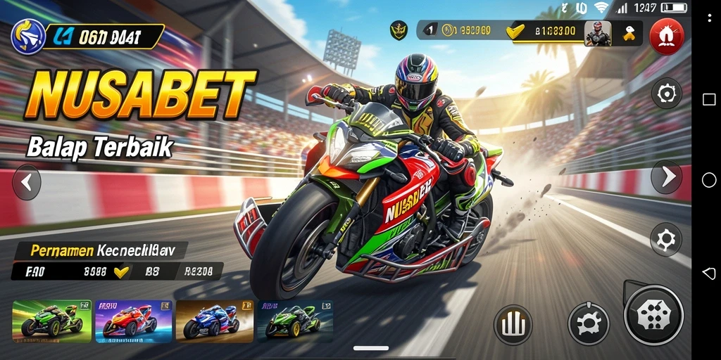 Tampilan gameplay seru NUSABET dengan mobil balap yang melaju kencang.
