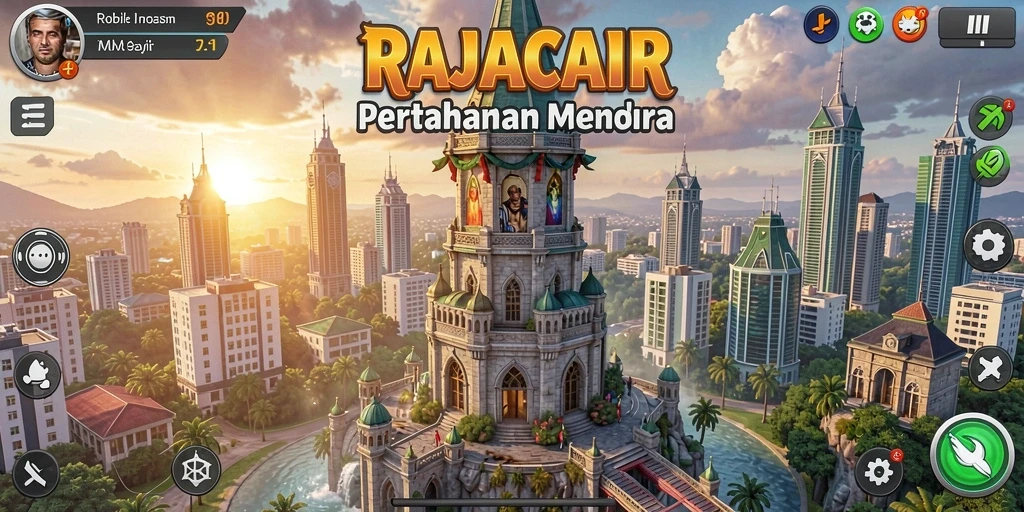 Tangkapan layar gameplay RAJACAIR menampilkan aksi pertahanan menara yang mendebarkan.