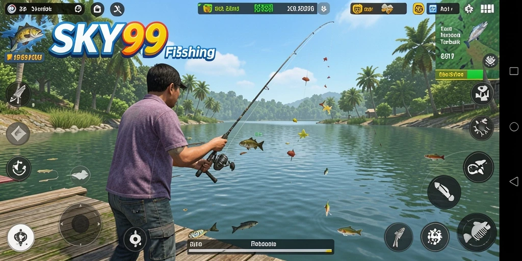 Tampilan gameplay SKY99 yang mendebarkan saat memancing ikan besar.
