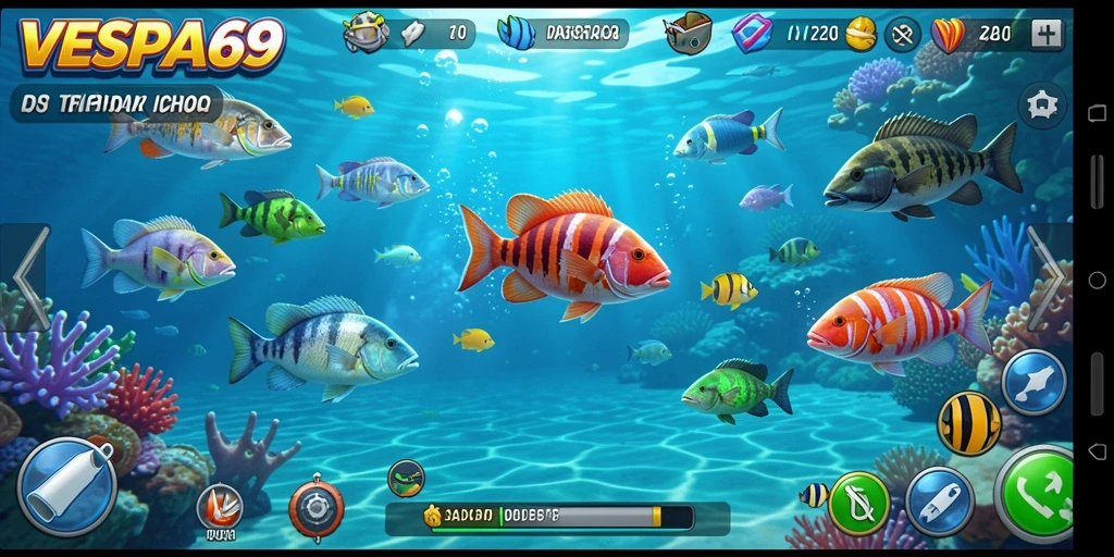 Tampilan gameplay seru dalam VESPA69 saat menembak ikan.